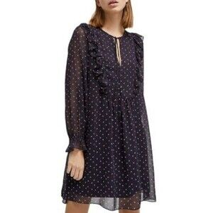 French Connection Women's Navy Peasant Dress Sheer Floral Ruffle w/ Tie Sz 8